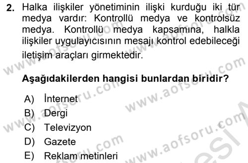 Kamusal Halkla İlişkiler Dersi 2020 - 2021 Yılı Yaz Okulu Sınavı 2. Soru