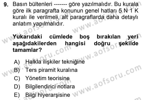 Kamusal Halkla İlişkiler Dersi 2020 - 2021 Yılı Yaz Okulu Sınavı 9. Soru