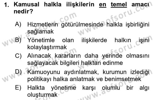 Kamusal Halkla İlişkiler Dersi 2021 - 2022 Yılı (Vize) Ara Sınavı 1. Soru