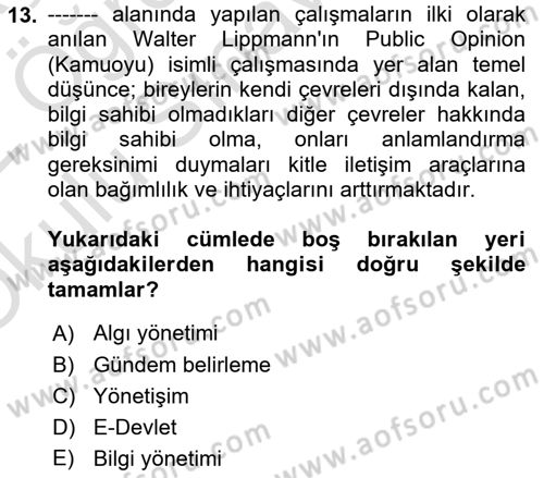 Kamusal Halkla İlişkiler Dersi 2021 - 2022 Yılı Yaz Okulu Sınavı 13. Soru