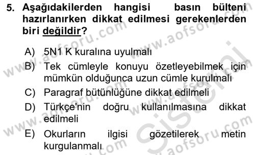 Kamusal Halkla İlişkiler Dersi 2021 - 2022 Yılı Yaz Okulu Sınavı 5. Soru