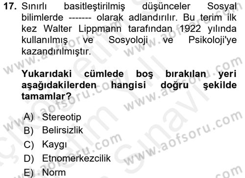 Küreselleşme ve Kültürlerarası İletişim Dersi 2017 - 2018 Yılı (Vize) Ara Sınav Soruları 17. Soru