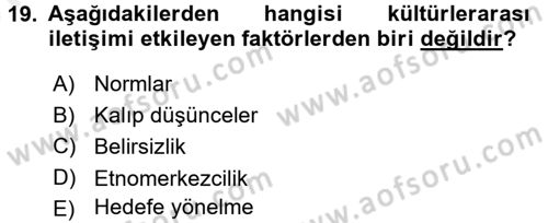 Küreselleşme ve Kültürlerarası İletişim Dersi 2017 - 2018 Yılı (Vize) Ara Sınav Soruları 19. Soru