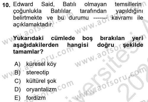 Küreselleşme ve Kültürlerarası İletişim Dersi 2021 - 2022 Yılı Yaz Okulu Sınav Soruları 10. Soru