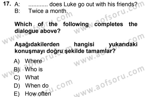 Ingilizce 1 Dersi 2012 - 2013 Yılı (Vize) Ara Sınav Soruları 17. Soru