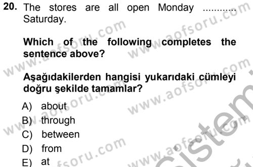 Ingilizce 1 Dersi 2012 - 2013 Yılı (Vize) Ara Sınav Soruları 20. Soru