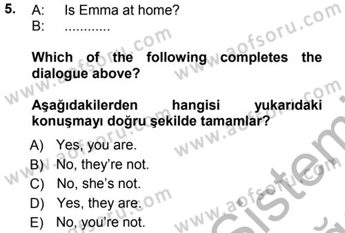 Ingilizce 1 Dersi 2012 - 2013 Yılı (Vize) Ara Sınav Soruları 5. Soru