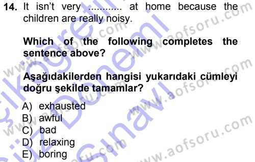 Ingilizce 1 Dersi 2012 - 2013 Yılı (Final) Dönem Sonu Sınav Soruları 14. Soru