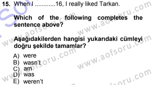 Ingilizce 1 Dersi 2012 - 2013 Yılı (Final) Dönem Sonu Sınav Soruları 15. Soru