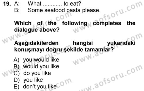 Ingilizce 1 Dersi 2012 - 2013 Yılı (Final) Dönem Sonu Sınav Soruları 19. Soru