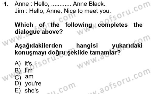 Ingilizce 1 Dersi 2013 - 2014 Yılı (Vize) Ara Sınavı 1. Soru