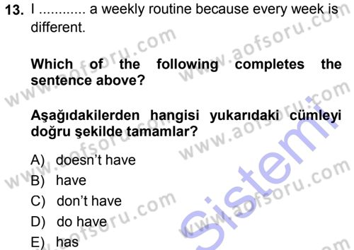 Ingilizce 1 Dersi 2013 - 2014 Yılı (Vize) Ara Sınav Soruları 13. Soru