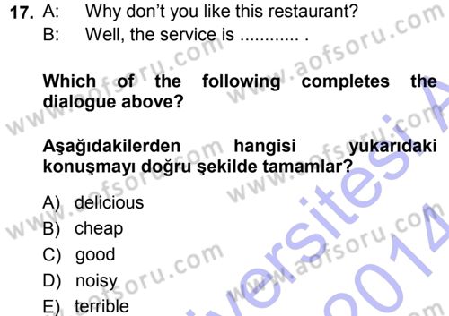 Ingilizce 1 Dersi 2013 - 2014 Yılı (Vize) Ara Sınav Soruları 17. Soru