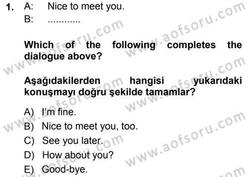 Ingilizce 1 Dersi 2013 - 2014 Yılı (Final) Dönem Sonu Sınav Soruları 1. Soru