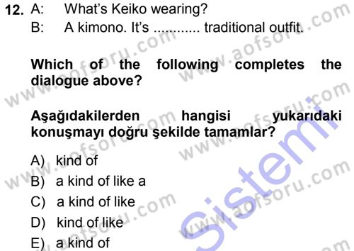 Ingilizce 1 Dersi 2013 - 2014 Yılı (Final) Dönem Sonu Sınav Soruları 12. Soru