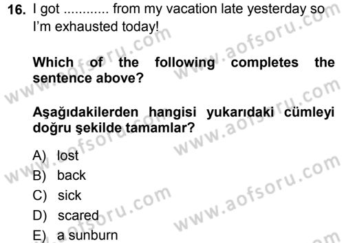 Ingilizce 1 Dersi 2013 - 2014 Yılı (Final) Dönem Sonu Sınav Soruları 16. Soru