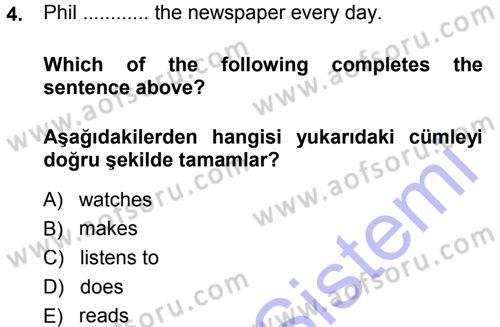 Ingilizce 1 Dersi 2013 - 2014 Yılı (Final) Dönem Sonu Sınav Soruları 4. Soru