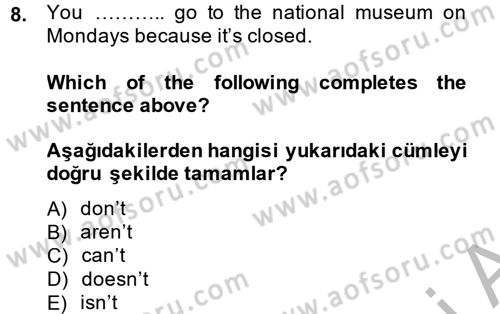 Ingilizce 1 Dersi 2014 - 2015 Yılı (Final) Dönem Sonu Sınav Soruları 8. Soru
