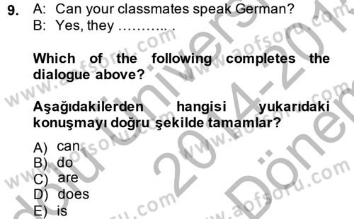 Ingilizce 1 Dersi 2014 - 2015 Yılı (Final) Dönem Sonu Sınav Soruları 9. Soru