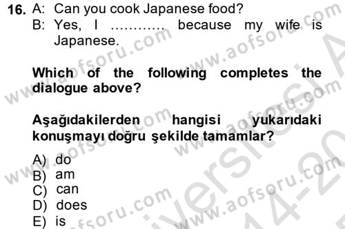 Ingilizce 1 Dersi 2014 - 2015 Yılı Tek Ders Sınav Soruları 16. Soru