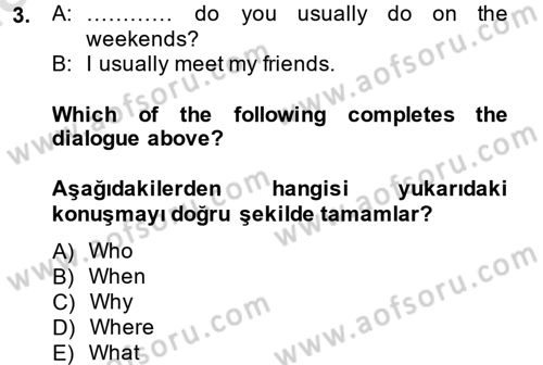 Ingilizce 1 Dersi 2014 - 2015 Yılı Tek Ders Sınav Soruları 3. Soru