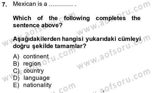Ingilizce 1 Dersi 2014 - 2015 Yılı Tek Ders Sınav Soruları 7. Soru