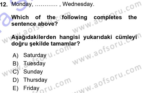 Ingilizce 1 Dersi 2015 - 2016 Yılı (Vize) Ara Sınav Soruları 12. Soru