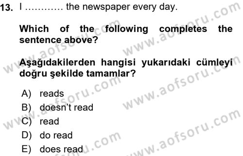 Ingilizce 1 Dersi 2015 - 2016 Yılı (Vize) Ara Sınav Soruları 13. Soru