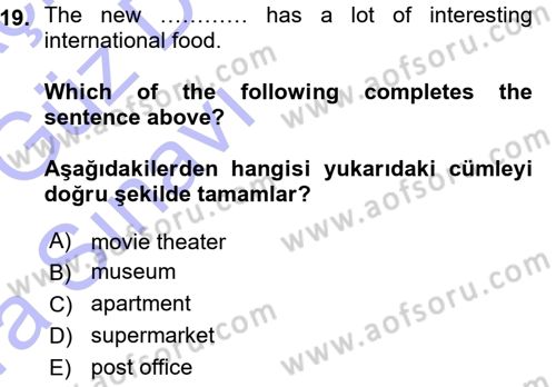 Ingilizce 1 Dersi 2015 - 2016 Yılı (Vize) Ara Sınav Soruları 19. Soru