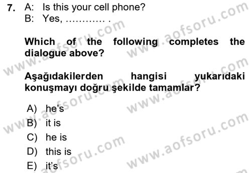 Ingilizce 1 Dersi 2015 - 2016 Yılı (Vize) Ara Sınav Soruları 7. Soru