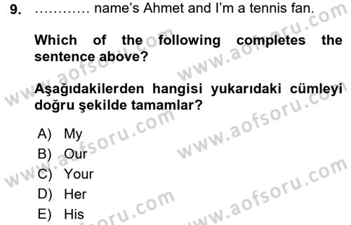 Ingilizce 1 Dersi 2015 - 2016 Yılı (Vize) Ara Sınav Soruları 9. Soru