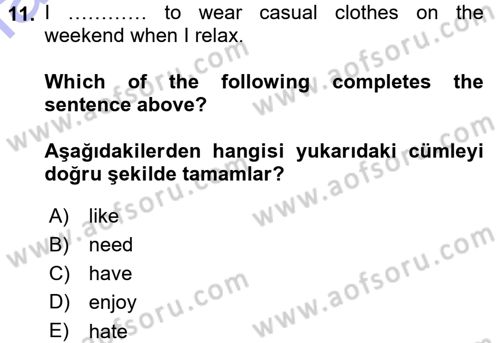 Ingilizce 1 Dersi 2015 - 2016 Yılı (Final) Dönem Sonu Sınav Soruları 11. Soru