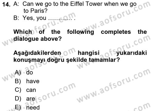 Ingilizce 1 Dersi 2015 - 2016 Yılı (Final) Dönem Sonu Sınav Soruları 14. Soru