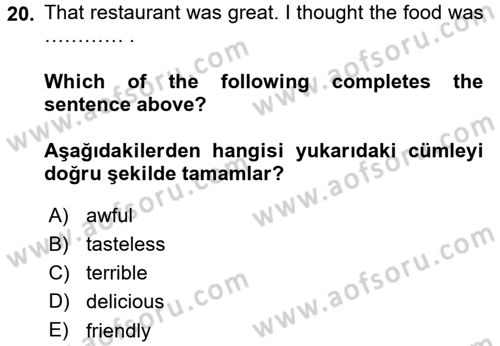 Ingilizce 1 Dersi 2015 - 2016 Yılı (Final) Dönem Sonu Sınav Soruları 20. Soru