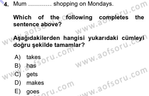 Ingilizce 1 Dersi 2015 - 2016 Yılı (Final) Dönem Sonu Sınav Soruları 4. Soru