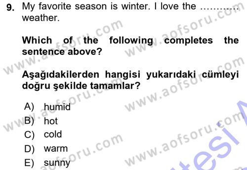 Ingilizce 1 Dersi 2015 - 2016 Yılı (Final) Dönem Sonu Sınav Soruları 9. Soru