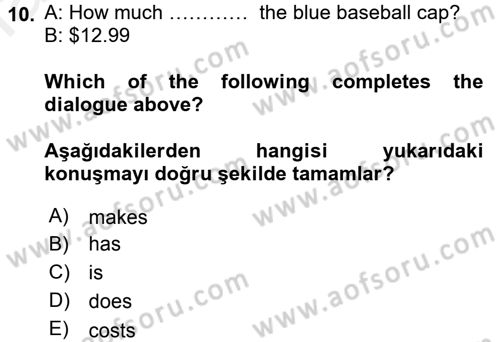 Ingilizce 1 Dersi 2015 - 2016 Yılı Tek Ders Sınav Soruları 10. Soru