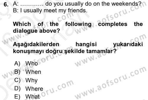 Ingilizce 1 Dersi 2015 - 2016 Yılı Tek Ders Sınav Soruları 6. Soru