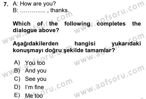 Ingilizce 1 Dersi 2015 - 2016 Yılı Tek Ders Sınav Soruları 7. Soru