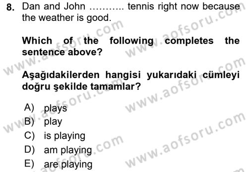 Ingilizce 1 Dersi 2015 - 2016 Yılı Tek Ders Sınav Soruları 8. Soru