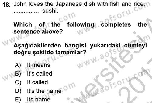 Ingilizce 1 Dersi 2016 - 2017 Yılı 3 Ders Sınav Soruları 18. Soru