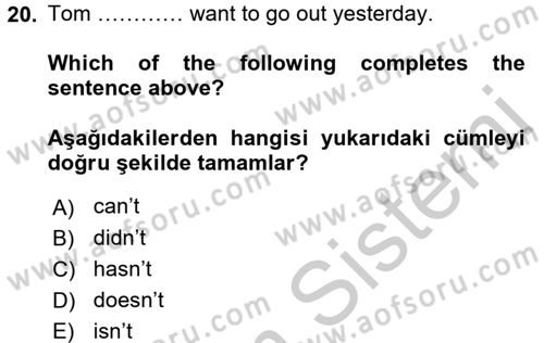 Ingilizce 1 Dersi 2016 - 2017 Yılı 3 Ders Sınav Soruları 20. Soru