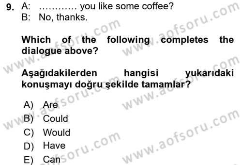 Ingilizce 1 Dersi 2016 - 2017 Yılı 3 Ders Sınav Soruları 9. Soru