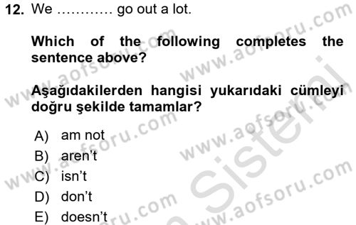 Ingilizce 1 Dersi 2016 - 2017 Yılı (Vize) Ara Sınav Soruları 12. Soru
