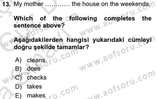 Ingilizce 1 Dersi 2016 - 2017 Yılı (Vize) Ara Sınav Soruları 13. Soru