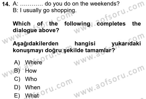 Ingilizce 1 Dersi 2016 - 2017 Yılı (Vize) Ara Sınav Soruları 14. Soru
