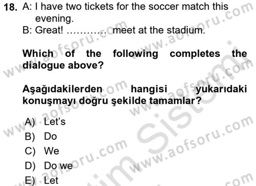 Ingilizce 1 Dersi 2016 - 2017 Yılı (Vize) Ara Sınav Soruları 18. Soru