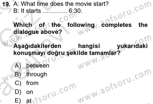 Ingilizce 1 Dersi 2016 - 2017 Yılı (Vize) Ara Sınav Soruları 19. Soru