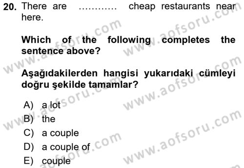Ingilizce 1 Dersi 2016 - 2017 Yılı (Vize) Ara Sınav Soruları 20. Soru