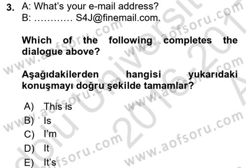 Ingilizce 1 Dersi 2016 - 2017 Yılı (Vize) Ara Sınav Soruları 3. Soru